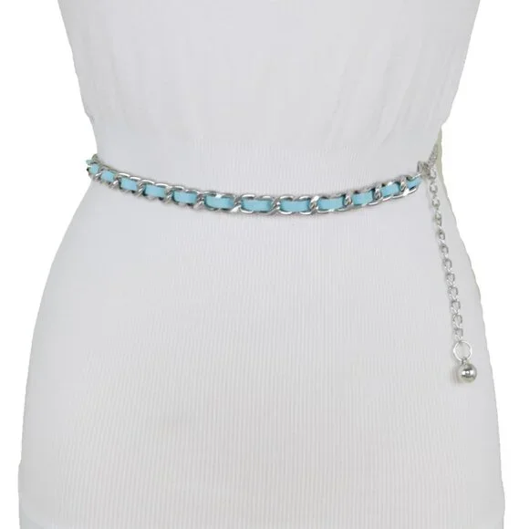 Women Skinny Silver Metal Chain Link Belt Turquoise Blue Waistband Size M L XL - Picture 4 of 17
